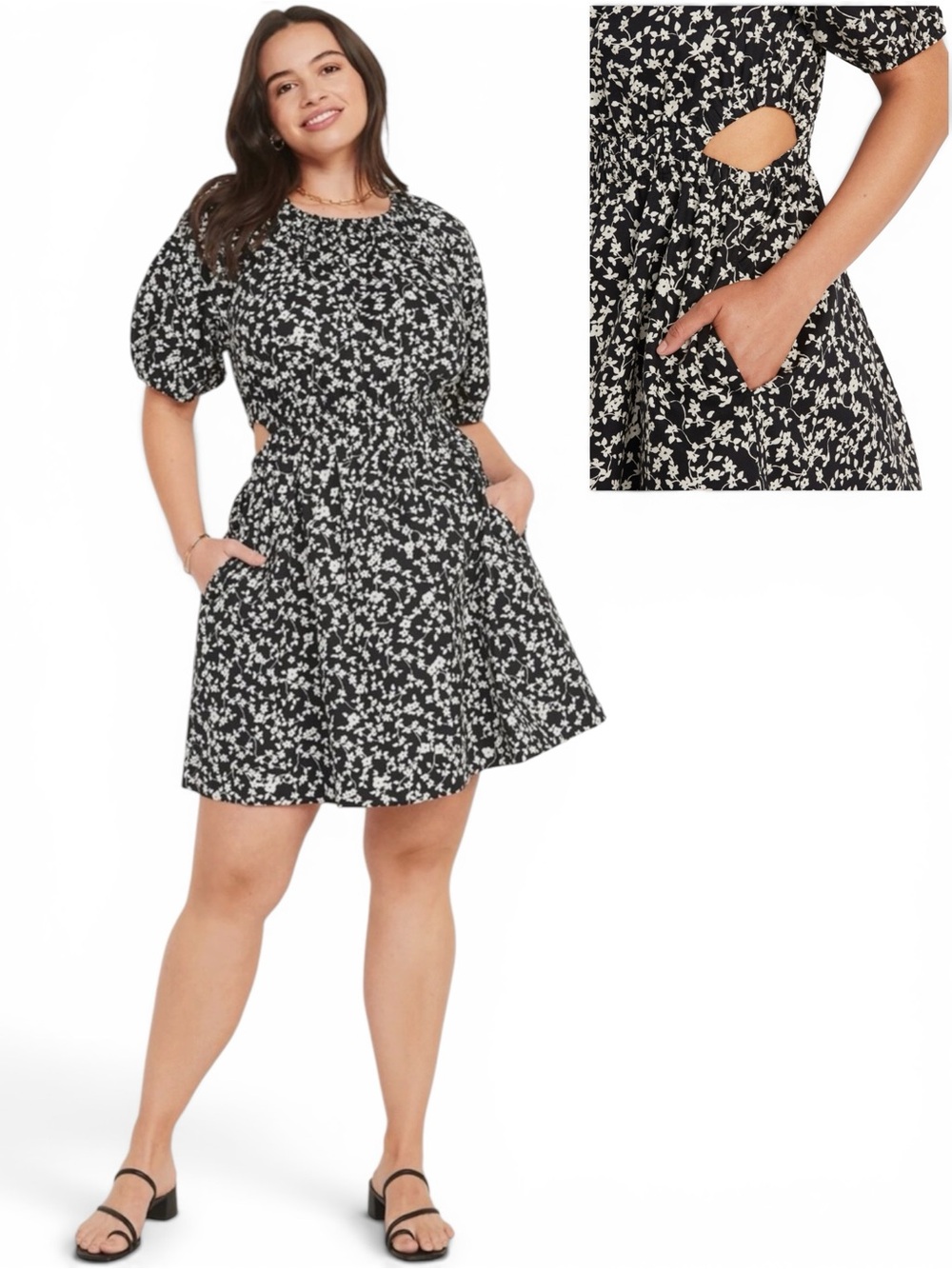 Old Navy Black/White Puff-Sleeve Poplin Dress